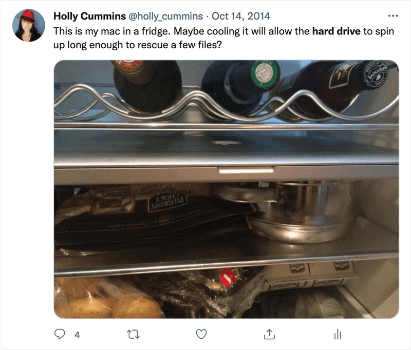 A tweet about a laptop in a fridge