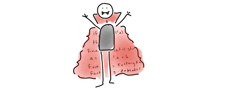 a stick-figure vampire whose cape is covered in code