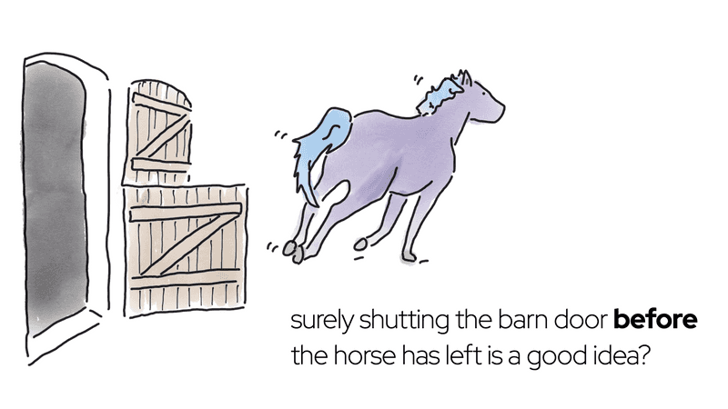 A purple horse running away from a barn door