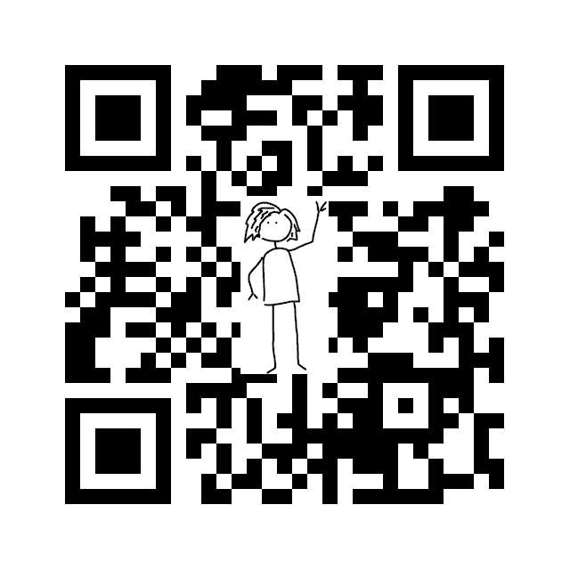 a qr code with a hand-drawn picture of a waving person