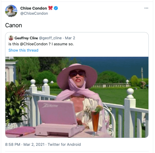 Tweet: a comical photo of a wealthy woman with a candy pink laptop.